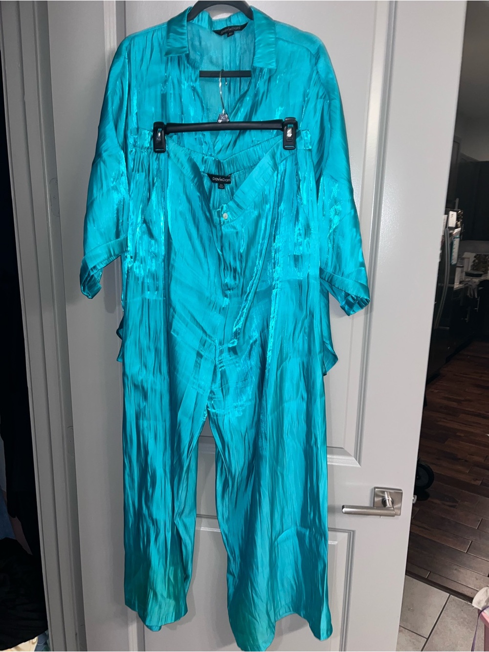 DAVI & DANI Teal Satin Jumpsuit with Matching Long Duster